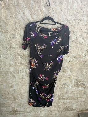 Women’s Black Floral Midi Dress Short Sleeves Purple Accent Size S